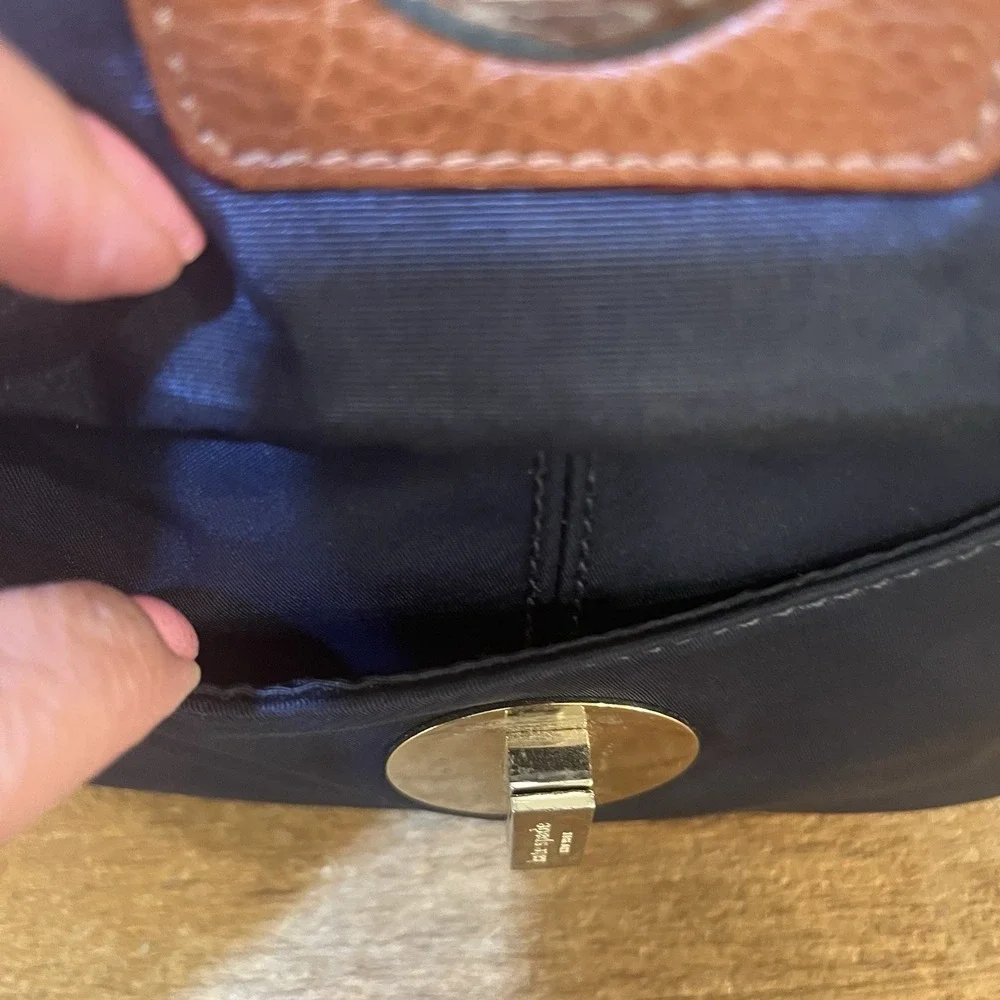 Kate Spade NY Navy Nylon Satchel Brown‎ Leather Trim Mini Bowler Top Handle Bag
